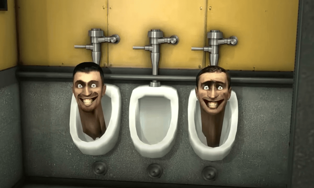 Heads emerging from a urinal in Skibidi Toilet, image from ShiinaBR's Twitter announcing the Fortnite skins