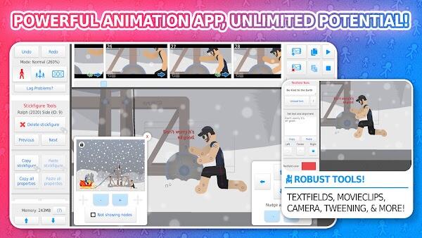 <ul><li><strong>Frames animieren:</strong> Bringen Sie Ihre Erzählung voran, indem Sie Frames hinzufügen und anpassen. Diese Schlüsselfunktion ermöglicht die sorgfältige Gestaltung jeder Szene und sorgt für reibungslose Übergänge und dynamische Actionsequenzen.</li><li><strong>Effekte und Sounds hinzufügen:</strong> Verbessern Sie den visuellen Reiz und das Hörerlebnis Ihrer Animation durch die Integration von Effekten und Geräusche. Diese Detailebene verleiht dem Endprodukt Tiefe und Reichtum.</li><li><strong>Exportieren:</strong> Sobald Ihr Meisterwerk fertig ist, nutzen Sie die Exportfunktion, um Ihre Animation zu teilen. Wählen Sie aus verschiedenen Formaten und stellen Sie sicher, dass Ihre Arbeit für verschiedene Plattformen und Zielgruppen bereit ist.</li></ul><p>Mit diesen Schritten bietet Stick Nodes Pro ein umfassendes Toolkit, mit dem Benutzer ihre fantasievollen Geschichten zum Leben erwecken können.</p>
<p><strong>Funktionen von Stick Nodes Pro APK</strong></p>
<p>Stick Nodes Pro ist vollgepackt mit einer Reihe von Funktionen, die sowohl Amateure als auch erfahrene Animatoren ansprechen. Diese Tools dienen dazu, den Animationsprozess zu verfeinern und das Endprodukt zu verbessern, was diese App zur führenden Wahl unter mobilen Animationsplattformen macht.</p>
<ul><li><strong>Strichmännchen-Animation:</strong> Das Herzstück von Stick Nodes Pro ist die Fähigkeit zur Strichmännchen-Animation, mit der Benutzer problemlos flüssige und dynamische Bewegungen erstellen können.</li><li><strong>Bildimport :</strong> Integrieren Sie externe Bilder in Ihre Projekte und verbessern Sie so die visuelle Vielfalt und den Kontext Ihrer Projekte Animationen.</li><li><strong>Frame-Tweening:</strong> Diese Funktion interpoliert automatisch Frames, glättet Übergänge und verleiht Animationen ein ausgefeilteres Aussehen.</li><li><strong>Kamerasteuerung:</strong> Simulieren Ein professionelles Filmerlebnis mit anpassbaren Kameraeinstellungen wie Schwenken, Zoomen und Drehen, die Ihrem Film einen filmischen Touch verleihen Animationen.</li><li><strong>Filmclips:</strong> Erstellen und verwenden Sie animierte Segmente in Ihren Projekten wieder, sparen Sie Zeit und steigern Sie die Effizienz Ihres Animationsprozesses.</li></ul><p><img src=
