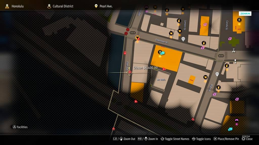 Screenshot van de kaart in Like a Dragon: Gaiden: de man die zijn naam heeft gewist
