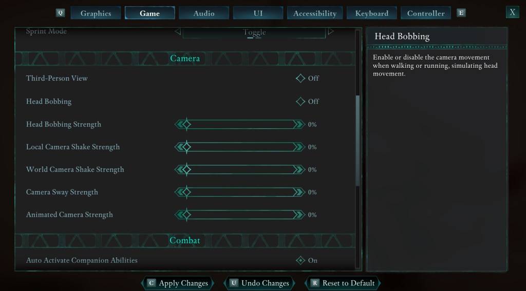 Avowed Settings Menu - Head Movement Options