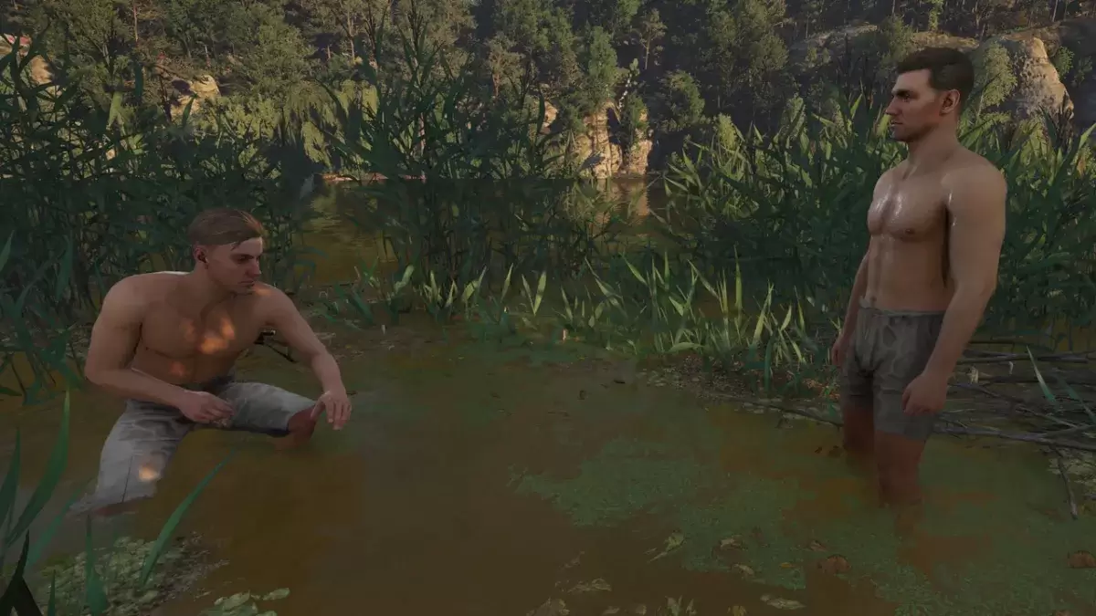 Hans e Henry em Reino vêm: Deliverance 2, com Henry agachando -se nos juncos, e Henry em pé, ambos em suas calças.