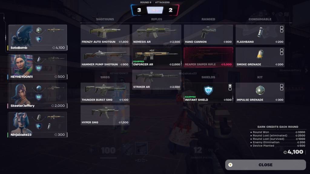 The buy screen in Fortnite Ballistic showcasing optimal loadout choices.